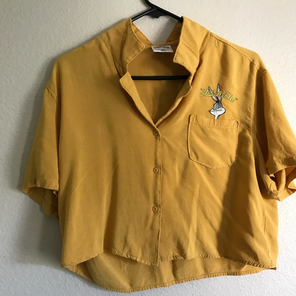 Mustard yellow looney tunes buttonup cropped shirt